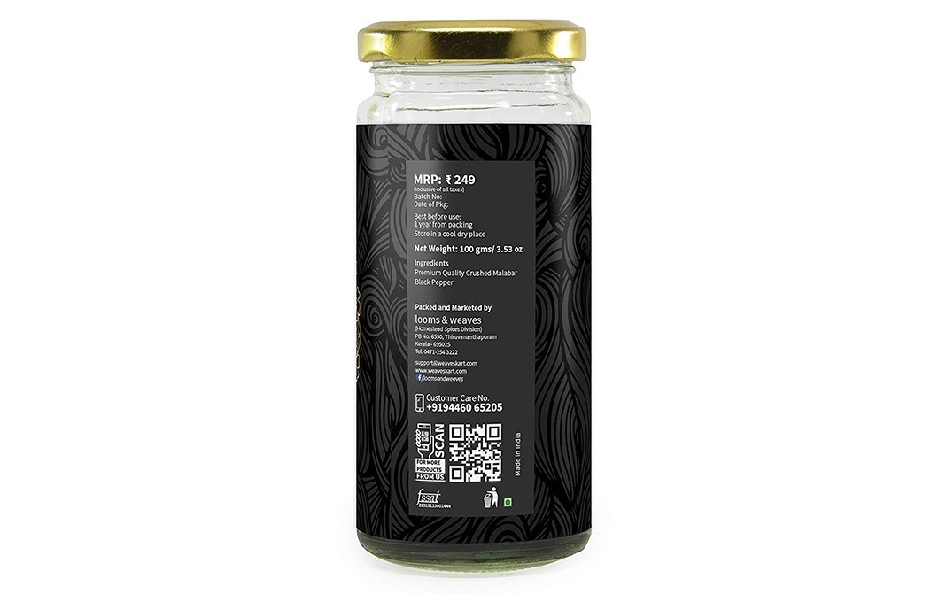 Looms & Weaves Black Pepper (Crushed Malabar)    Glass Jar  100 grams